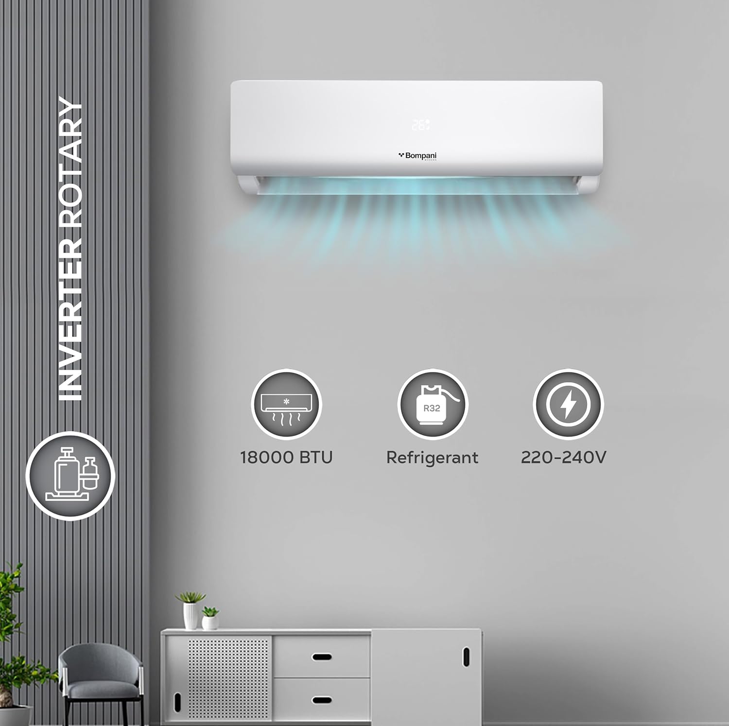 Bompani 1.5 Ton Split AC With 18000 BTU, Inverter Rotary Compressor, Auto-Restart, 4-Way Airflow, Overload Protection, Self-Diagnosis, Replaceable Air Filter, One Year Full Warranty - BSAC187VT1-2