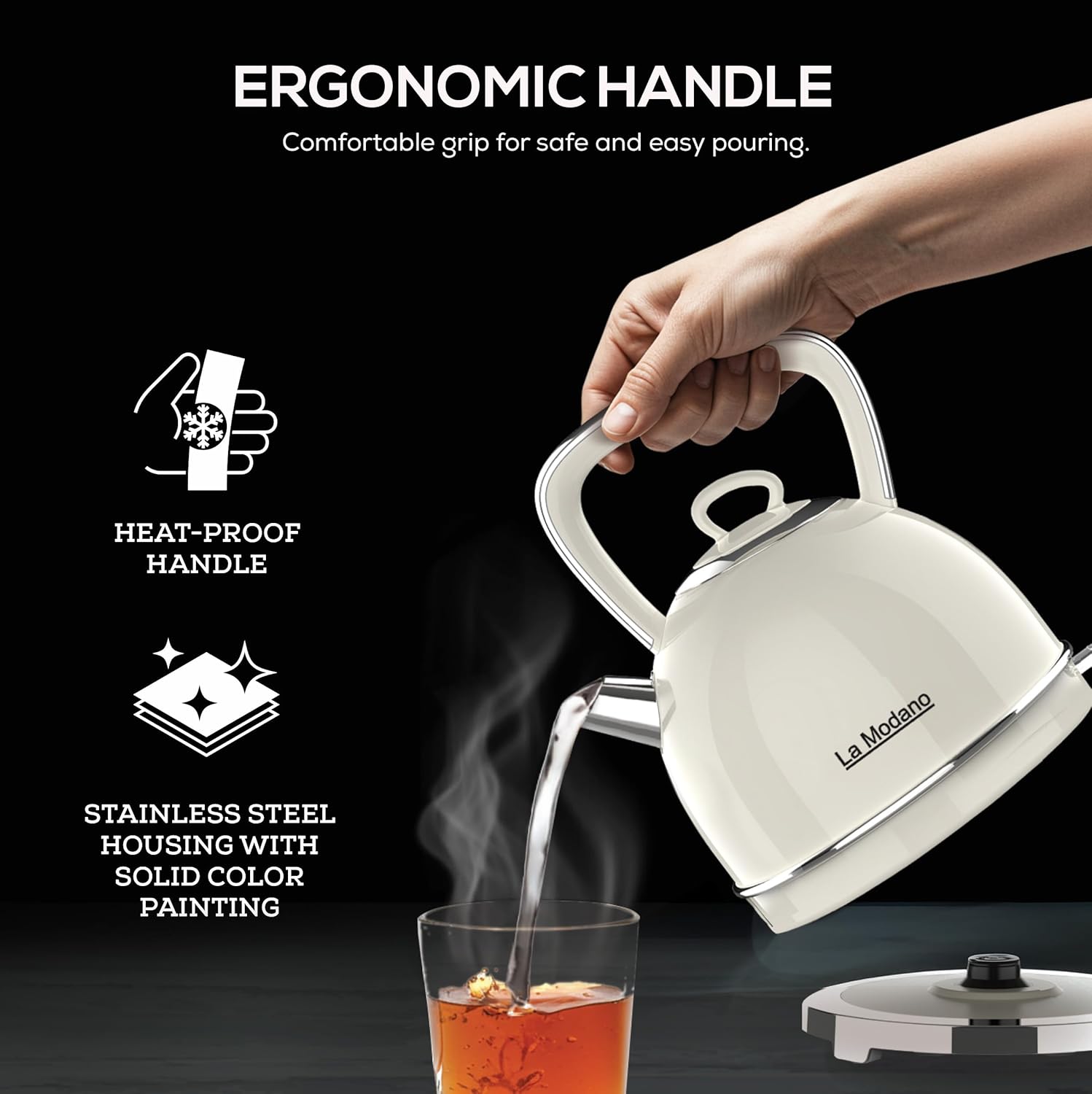 La Modano Retro Style Electric Kettle, 1.7L Capacity, Stainless Steel Housing, Water Window, Dry Boil Protection, Cordless Serving Base, Strix Controller, Blue Light On/Off Switch 2200W - LMEK17EX-6