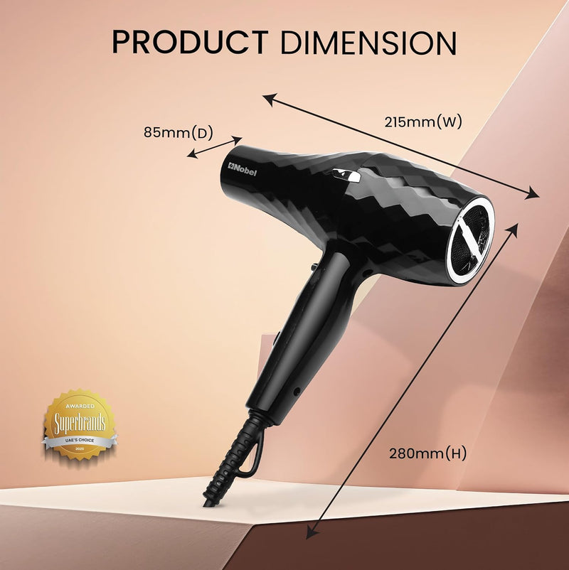 Nobel Hair Dryer 1500W with Pure Copper DC Motor Fast Dry, Overheat Protection, Cool Button, 2 Speeds, 3 Heat Settings - NHD850-6