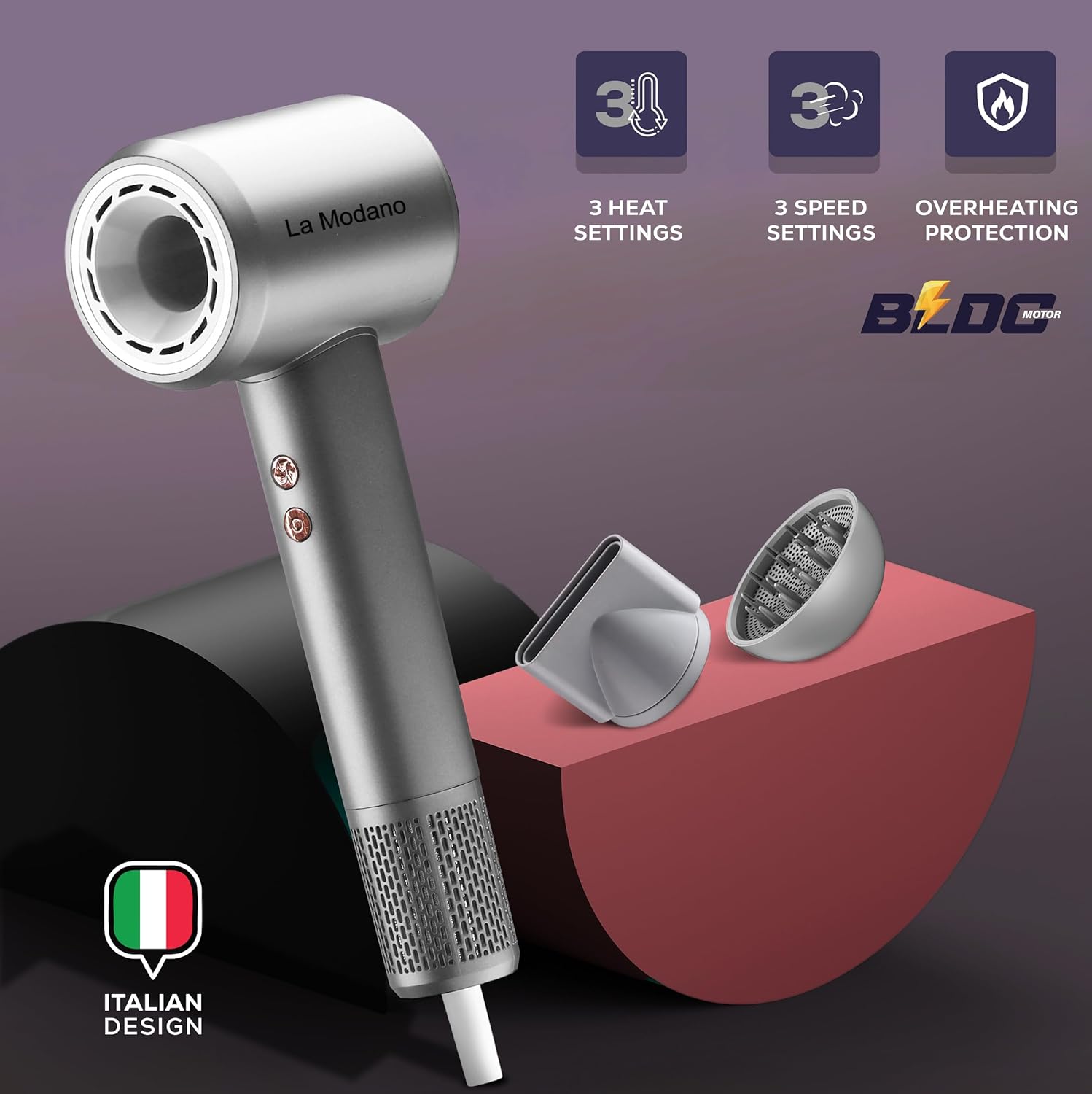 La Modano Professional Hair Dryer 1500W with Diffuser Fast Drying, BLDC Motor 110000RPM, 3 Speeds & Heat Settings - LMHD955-1