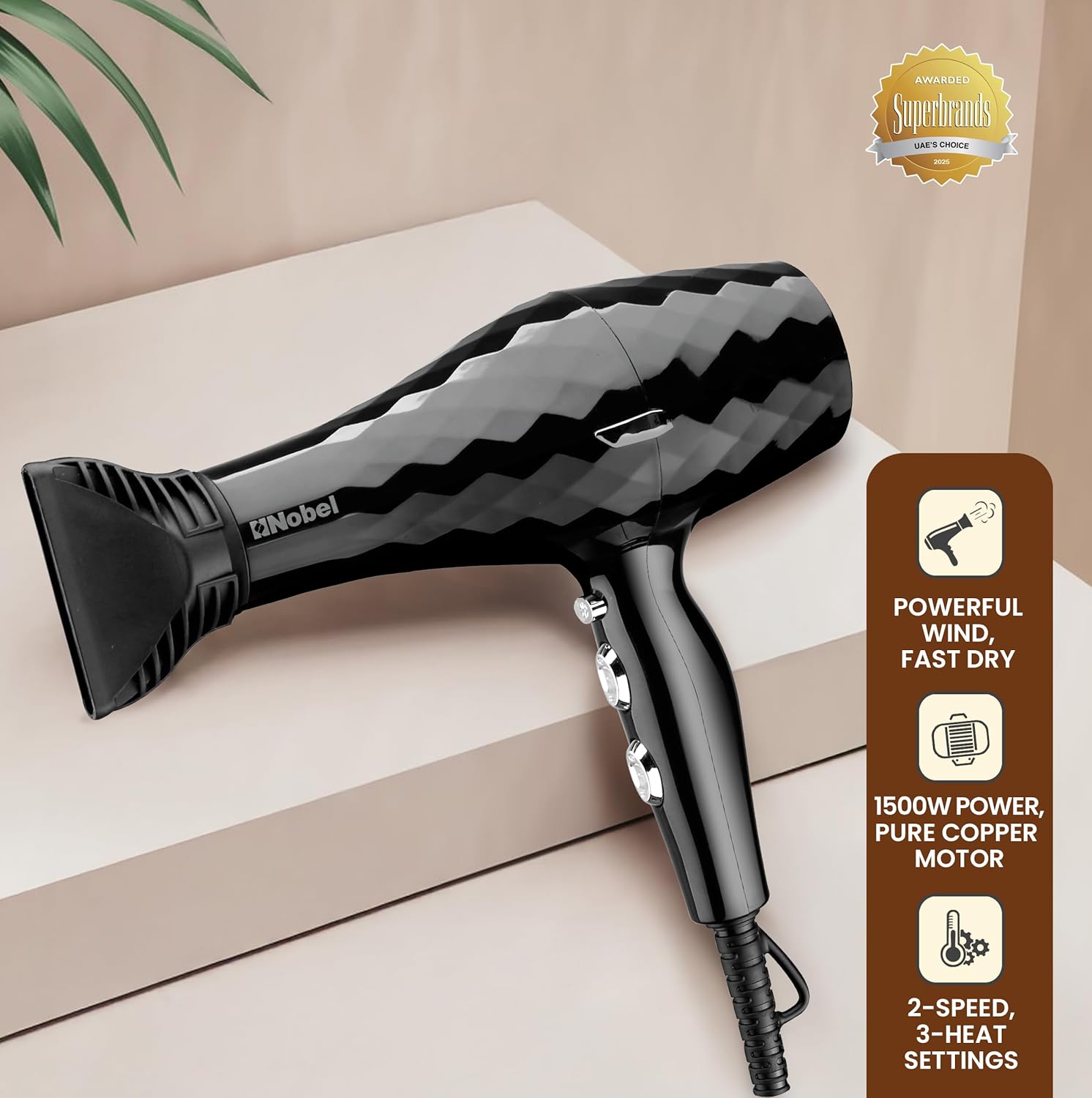 Nobel Hair Dryer 1500W with Pure Copper DC Motor Fast Dry, Overheat Protection, Cool Button, 2 Speeds, 3 Heat Settings - NHD850-1