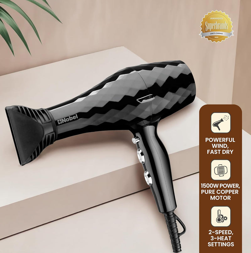 Nobel Hair Dryer 1500W with Pure Copper DC Motor Fast Dry, Overheat Protection, Cool Button, 2 Speeds, 3 Heat Settings - NHD850-1