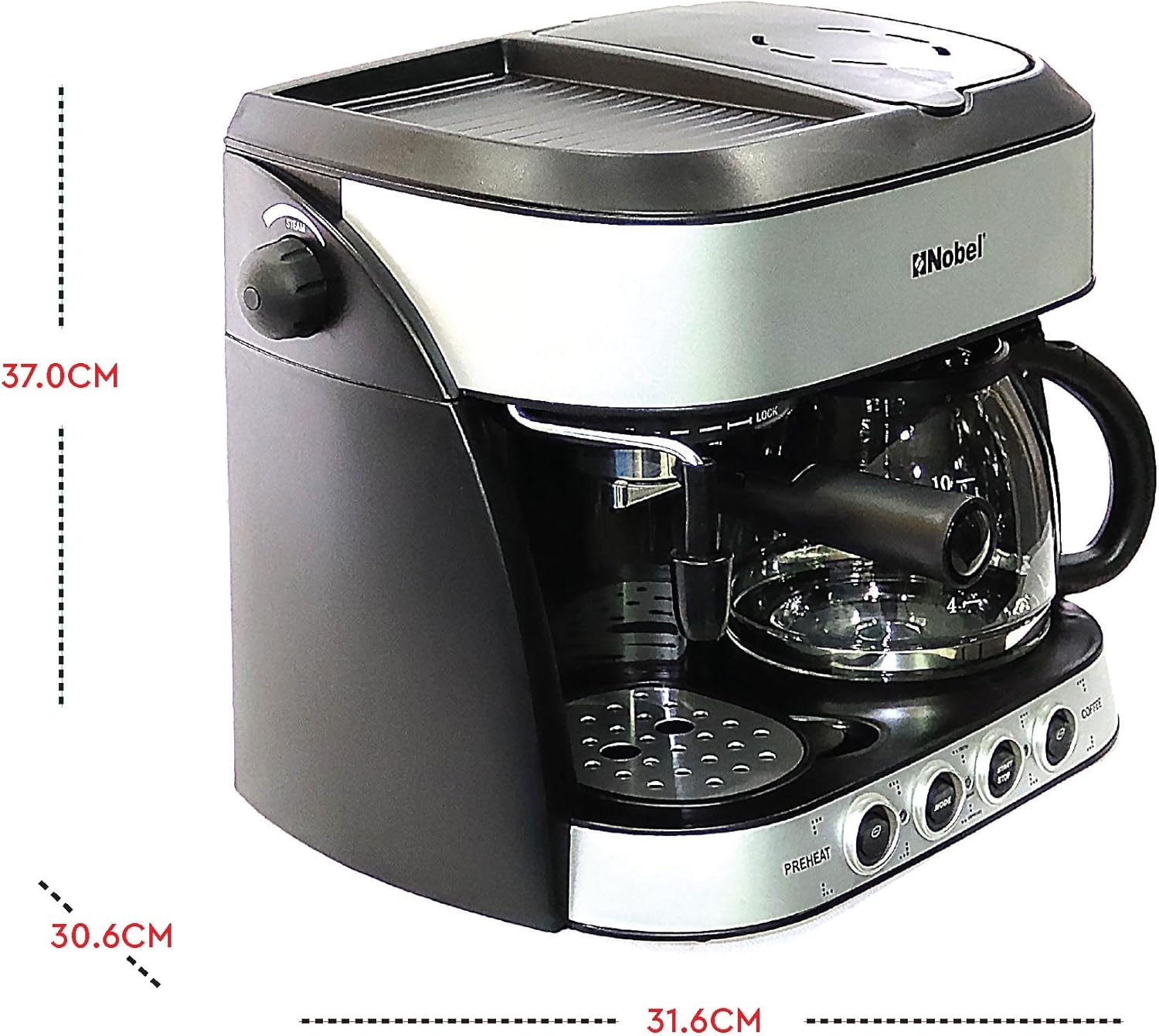 Nobel Coffee Machine 1.25 Liter Espresso & Americano With Steam Pump One Year Full Warranty, Silver - NCM13-4