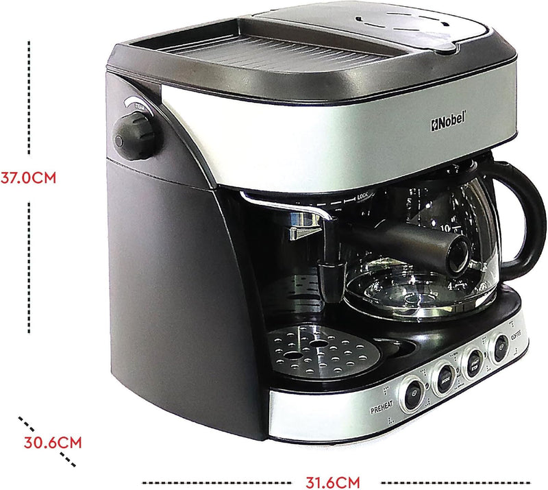 Nobel Coffee Machine 1.25 Liter Espresso & Americano With Steam Pump One Year Full Warranty, Silver - NCM13-4