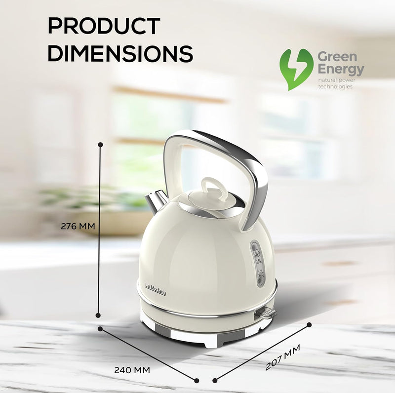La Modano Retro Style Electric Kettle, 1.7L Capacity, Stainless Steel Housing, Water Window, Dry Boil Protection, Cordless Serving Base, Strix Controller, Blue Light On/Off Switch 2200W - LMEK17EX-8