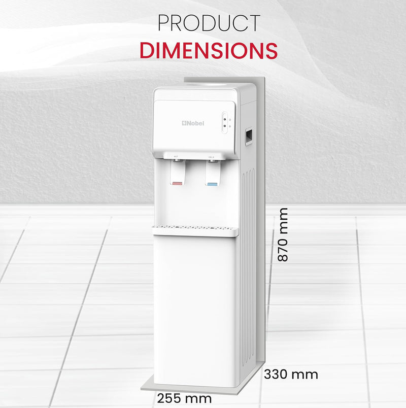 Nobel Water Dispenser, Hot & Cold, 2 Taps, Compressor Cooling, 5L/H Heating, 2L/H Cooling, Silicon Water Outlet Pipes NWD1603 White-7