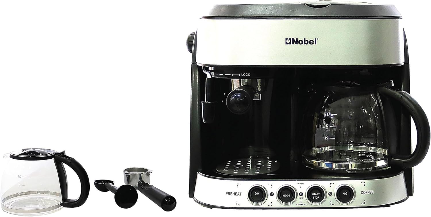 Nobel Coffee Machine 1.25 Liter Espresso & Americano With Steam Pump One Year Full Warranty, Silver - NCM13-8
