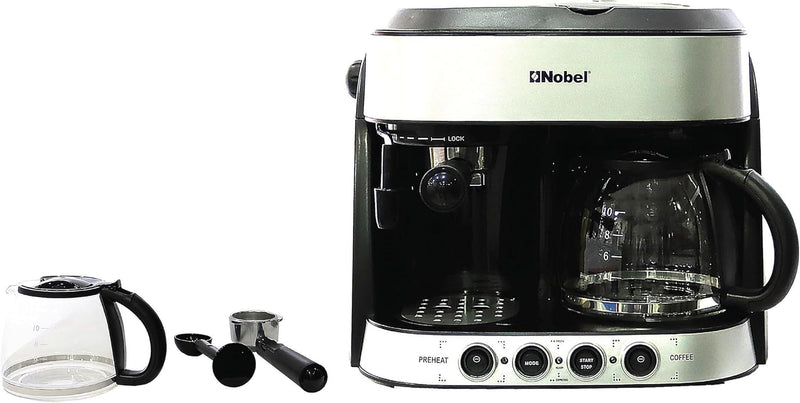 Nobel Coffee Machine 1.25 Liter Espresso & Americano With Steam Pump One Year Full Warranty, Silver - NCM13-8