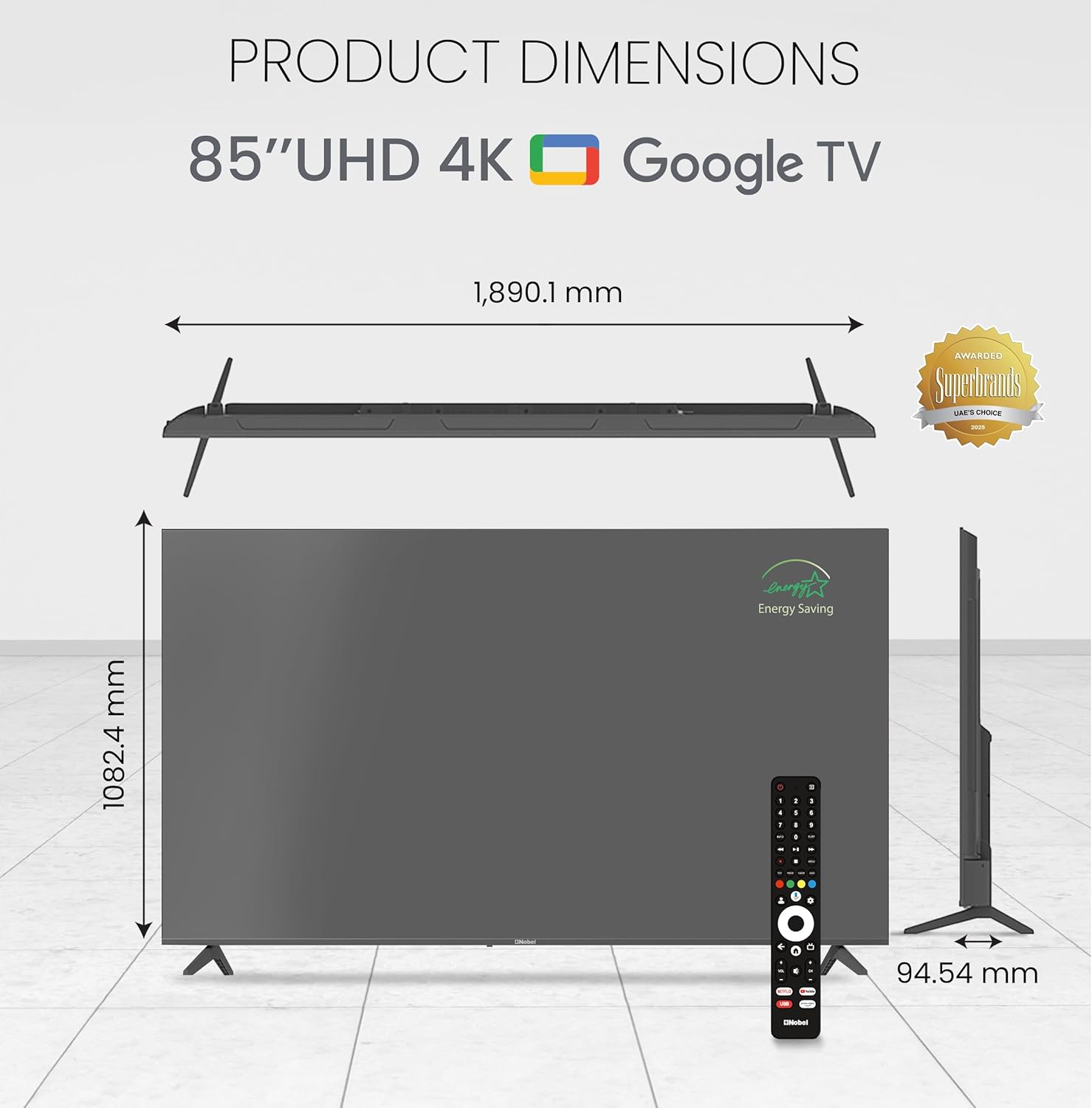 Nobel 85-Inch 4K UHD Google TV Smart TV, Dolby Sound & Voice Control, Android 14, Netflix YouTube Prime, Wi-Fi & Bluetooth Connectivity – UHD85G-9