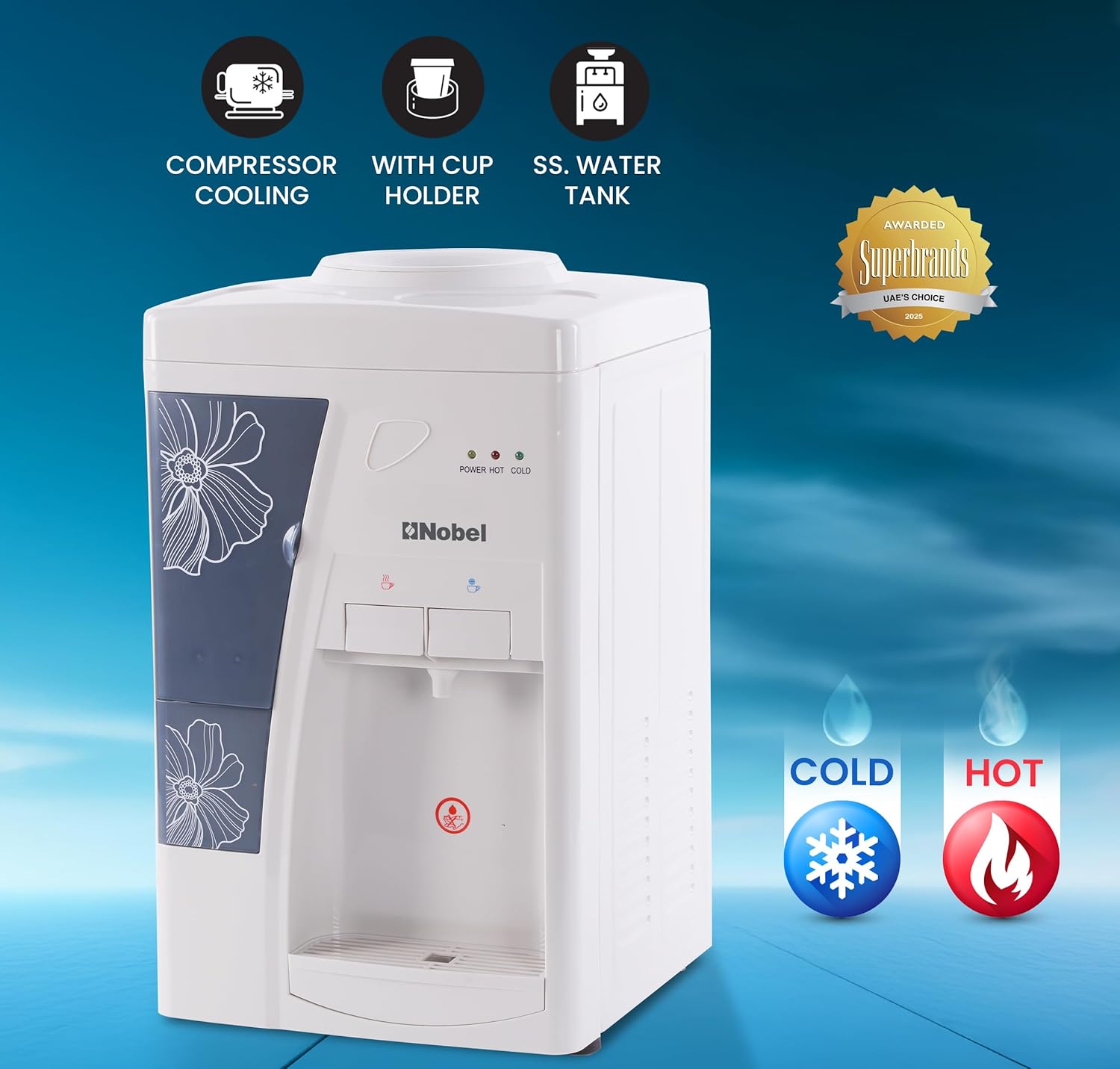 Nobel Table Top Water Dispenser 550W Hot & Cold, Compressor Cooling System, 5L Hot/2L Cold Per Hour, Top Loading, Heating - NWD557-1