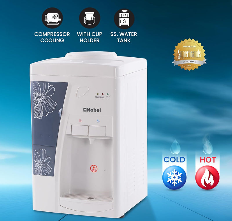 Nobel Table Top Water Dispenser 550W Hot & Cold, Compressor Cooling System, 5L Hot/2L Cold Per Hour, Top Loading, Heating - NWD557-1