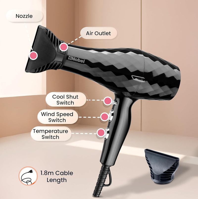 Nobel Hair Dryer 1500W with Pure Copper DC Motor Fast Dry, Overheat Protection, Cool Button, 2 Speeds, 3 Heat Settings - NHD850-3