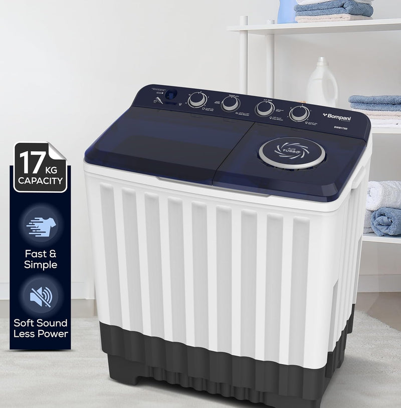 Bompani 17kg Top Load Semi-Automatic Twin Tub Washing Machine – 8kg Spin Capacity, 4 Knob Controls, Lint Filter, Transparent Lid - BWM1750I-2