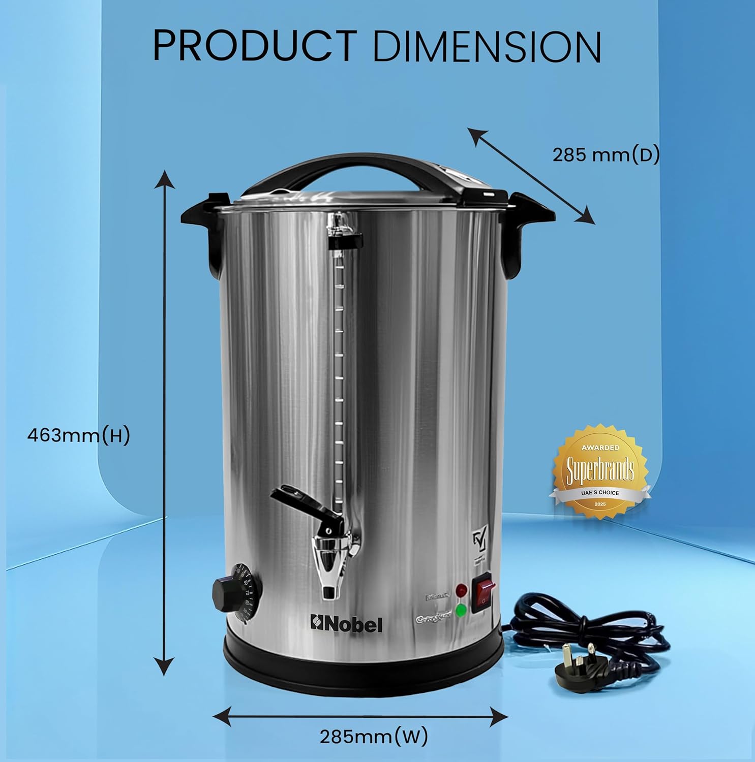 Nobel 10L Water Boiler – Stainless Steel Double Wall, Safety Lock Lid, Non-Drip Faucet, Keep Warm Function - NWB1000-6