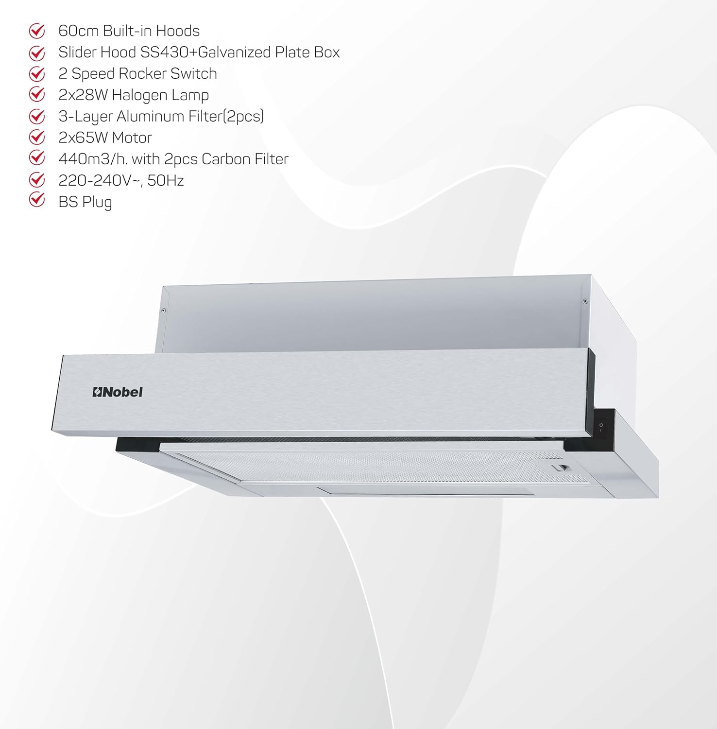 Nobel RANGE HOOD 90cm Built-in Hoods, 2 Speed Rocker Switch 3-Layer Aluminum Filter(2pcs) Slider Hood SS430+Galvanized Plate Box NCHP90ST-5