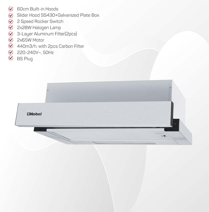 Nobel RANGE HOOD 90cm Built-in Hoods, 2 Speed Rocker Switch 3-Layer Aluminum Filter(2pcs) Slider Hood SS430+Galvanized Plate Box NCHP90ST-5