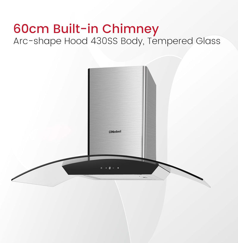 Nobel 60cm Built-in Hoods Touch Control Switch with Digital Display with 3 Speeds, Metal Motor House And Metal Fan, 750m3/h. 2x500 430SS Chimneys NCH60CG-6