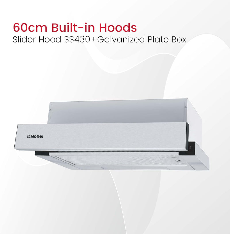 Nobel RANGE HOOD 60cm Built-in Hoods 2 Speed Rocker Switch, 3-Layer Aluminum Filter(2pcs), 2x65W Motor, 440m3/h. with 2pcs Carbon Filter NCHP60ST-6