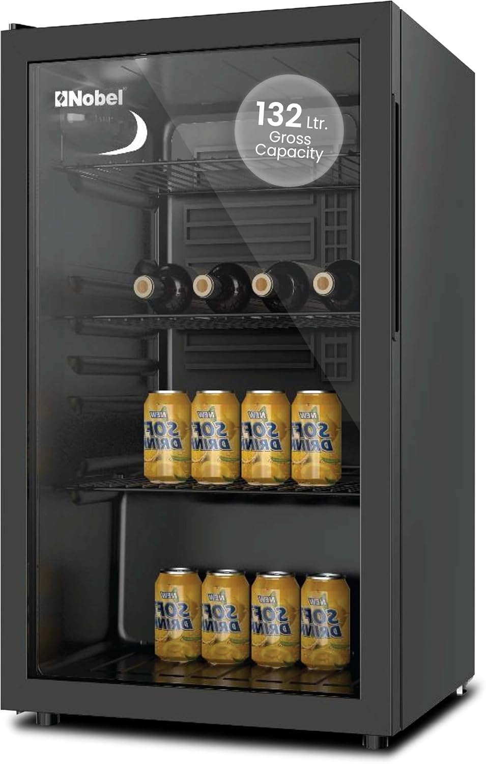 NOBEL BOTTLE CHILLER Black 132 LTR Glass Door METAL SHELF WITH WOOD FRONTAL FRAME NBC140RH