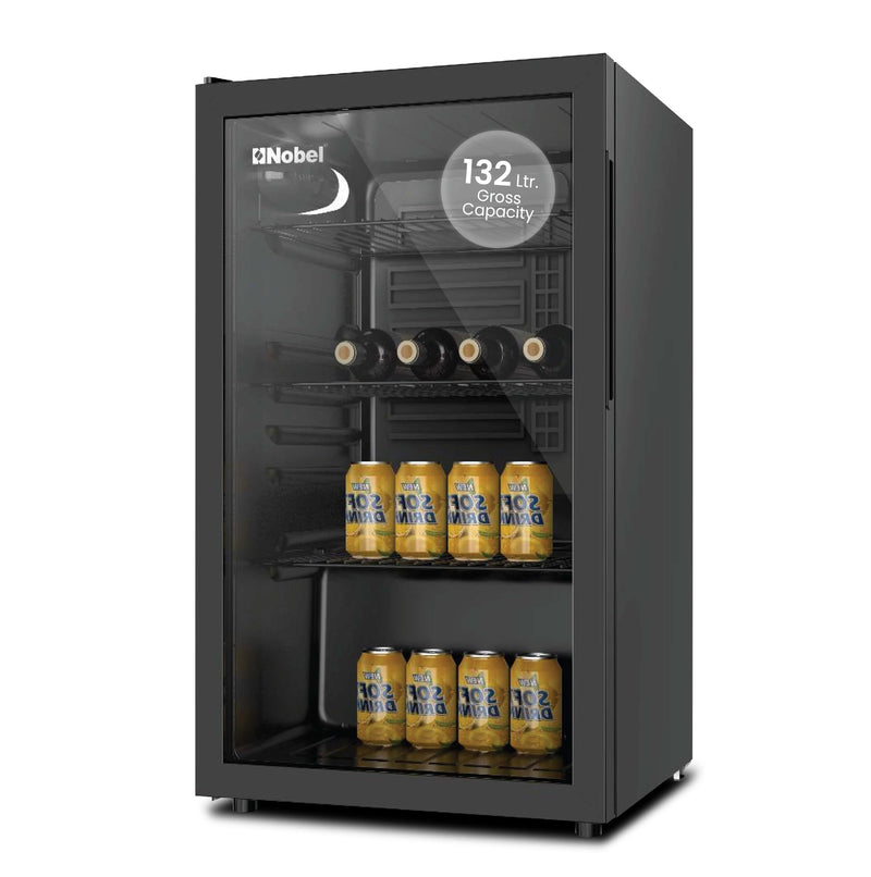 NOBEL BOTTLE CHILLER Black 132 LTR Glass Door METAL SHELF WITH WOOD FRONTAL FRAME NBC140RH-1