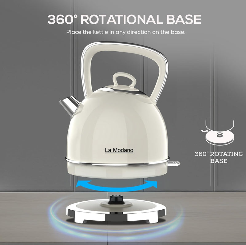 La Modano Retro Style Electric Kettle, 1.7L Capacity, Stainless Steel Housing, Water Window, Dry Boil Protection, Cordless Serving Base, Strix Controller, Blue Light On/Off Switch 2200W - LMEK17EX-3