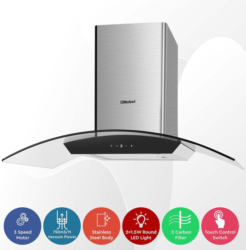 Nobel 60cm Built-in Hoods Touch Control Switch with Digital Display with 3 Speeds, Metal Motor House And Metal Fan, 750m3/h. 2x500 430SS Chimneys NCH60CG-4