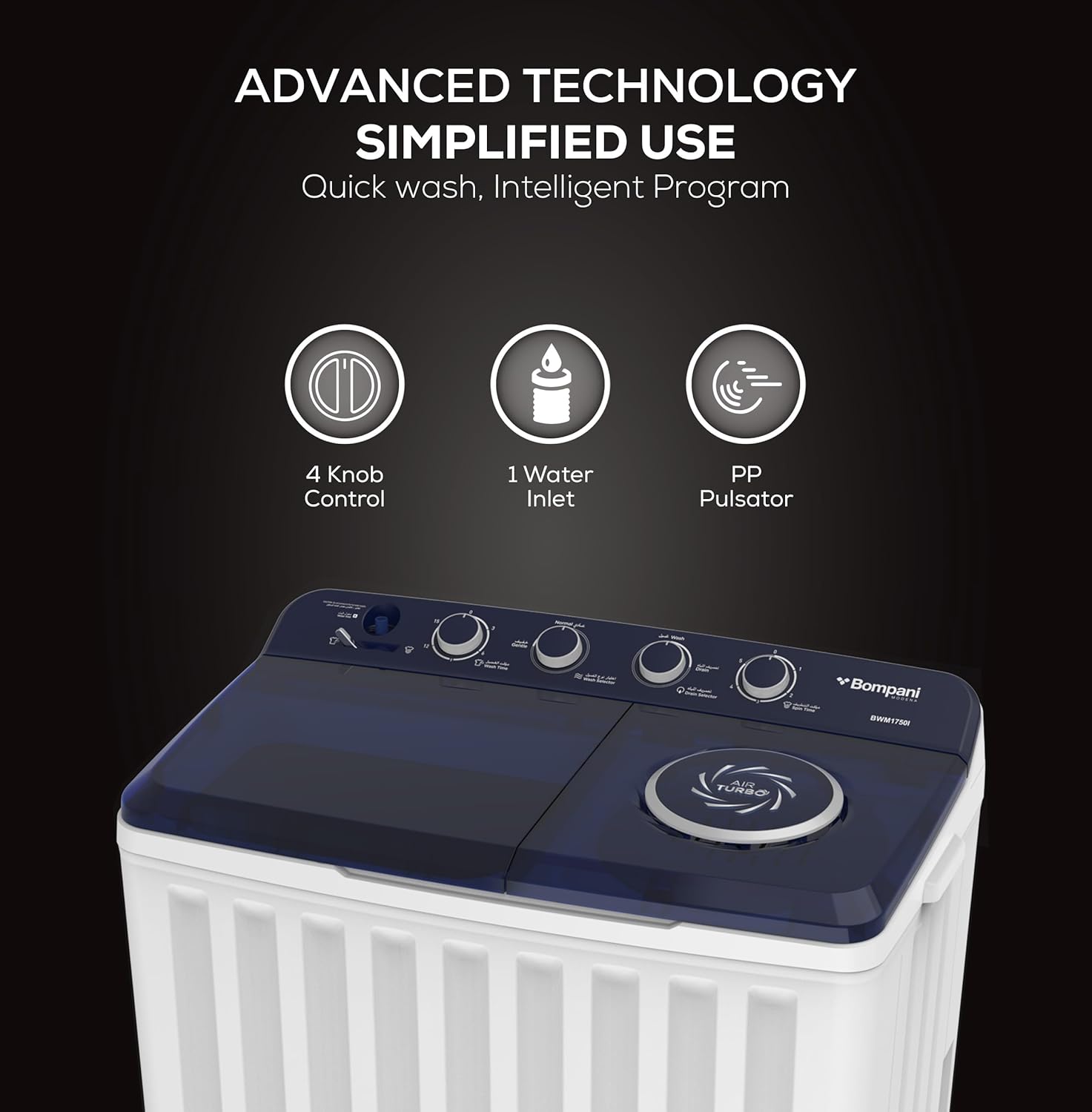 Bompani 17kg Top Load Semi-Automatic Twin Tub Washing Machine – 8kg Spin Capacity, 4 Knob Controls, Lint Filter, Transparent Lid - BWM1750I-5