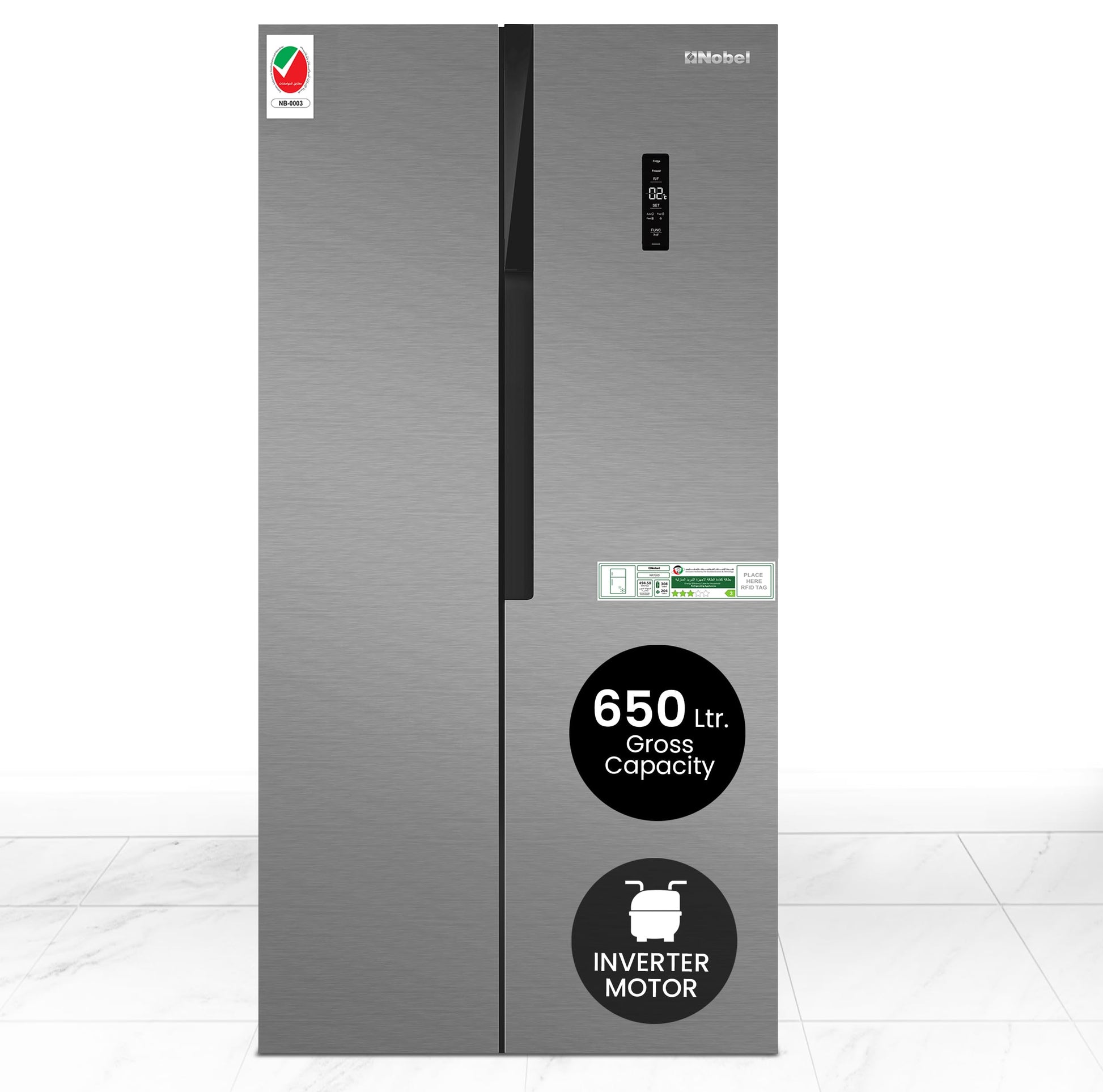 Nobel Side by Side Refrigerator 518 Ltr, Inverter Technology, LED Display, R600a Refrigerant - Inside LED Light, Condenser, Removable Gasket - Adjustable Legs NR700D Silver-1