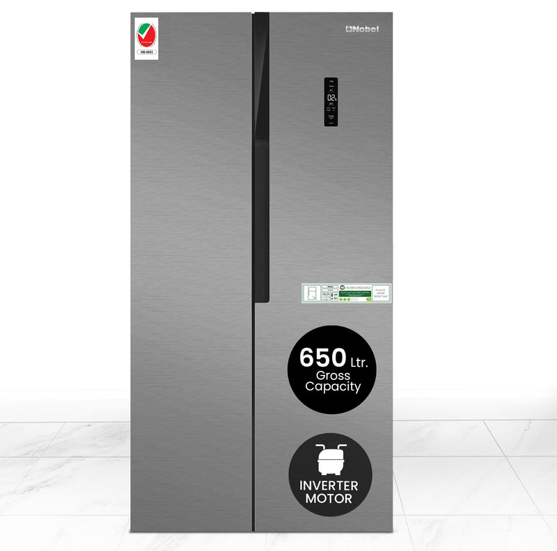 Nobel Side by Side Refrigerator 518 Ltr, Inverter Technology, LED Display, R600a Refrigerant - Inside LED Light, Condenser, Removable Gasket - Adjustable Legs NR700D Silver-1