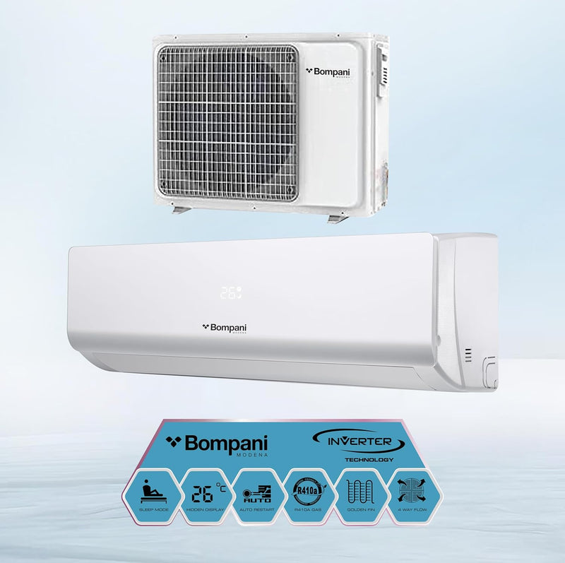Bompani 1.5 Ton Split AC With 18000 BTU, Inverter Rotary Compressor, Auto-Restart, 4-Way Airflow, Overload Protection, Self-Diagnosis, Replaceable Air Filter, One Year Full Warranty - BSAC187VT1-1