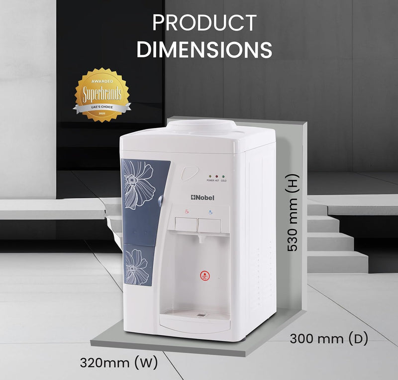 Nobel Table Top Water Dispenser 550W Hot & Cold, Compressor Cooling System, 5L Hot/2L Cold Per Hour, Top Loading, Heating - NWD557-8