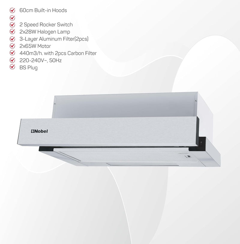 Nobel RANGE HOOD 60cm Built-in Hoods 2 Speed Rocker Switch, 3-Layer Aluminum Filter(2pcs), 2x65W Motor, 440m3/h. with 2pcs Carbon Filter NCHP60ST-5