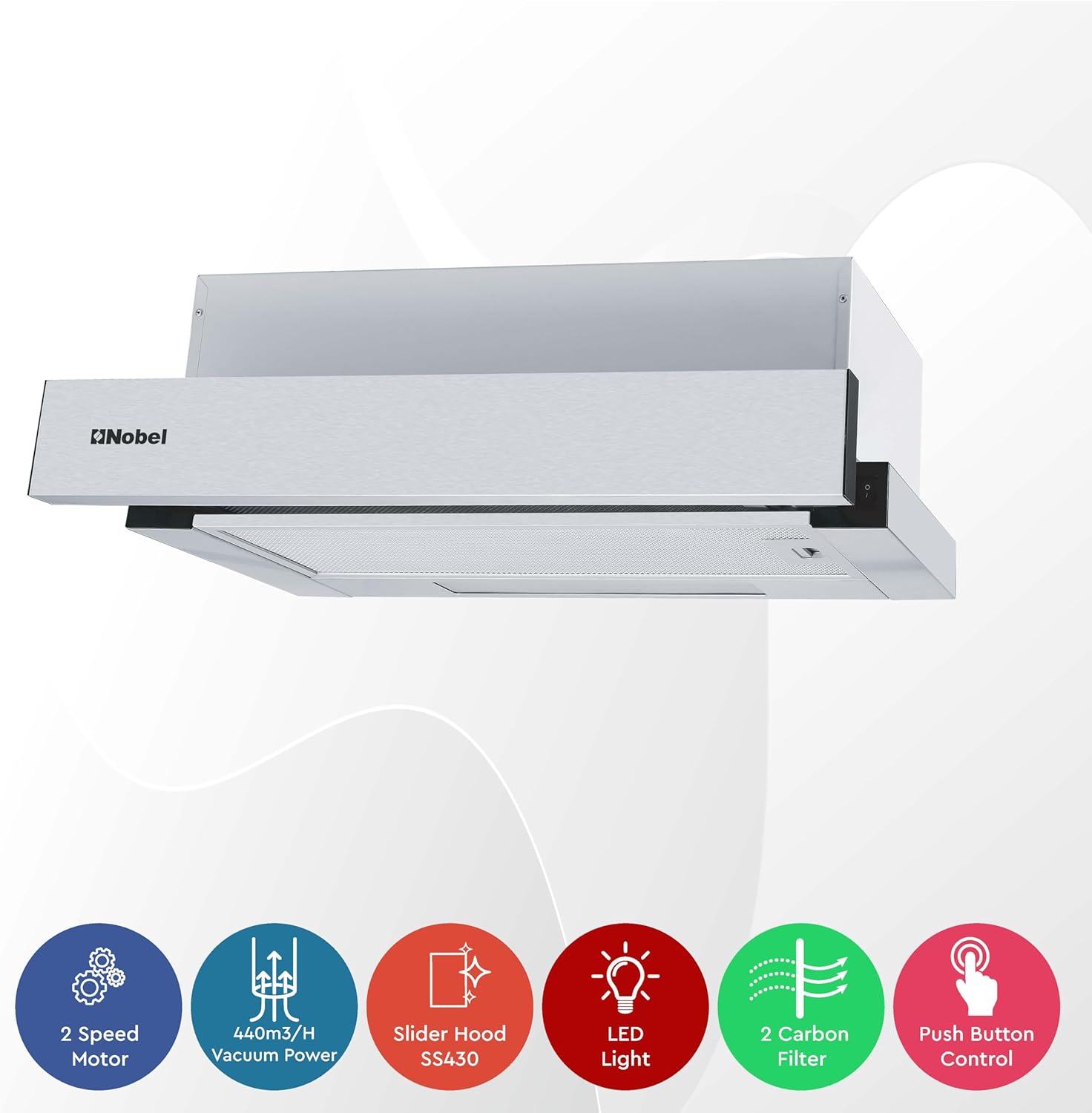 Nobel RANGE HOOD 60cm Built-in Hoods 2 Speed Rocker Switch, 3-Layer Aluminum Filter(2pcs), 2x65W Motor, 440m3/h. with 2pcs Carbon Filter NCHP60ST-4