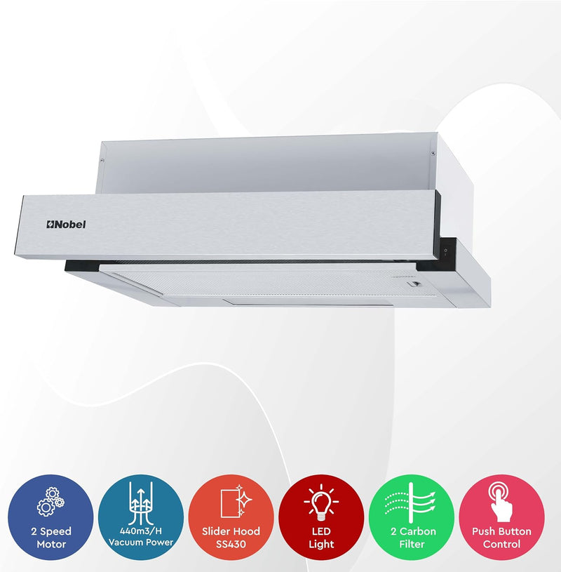 Nobel RANGE HOOD 60cm Built-in Hoods 2 Speed Rocker Switch, 3-Layer Aluminum Filter(2pcs), 2x65W Motor, 440m3/h. with 2pcs Carbon Filter NCHP60ST-4