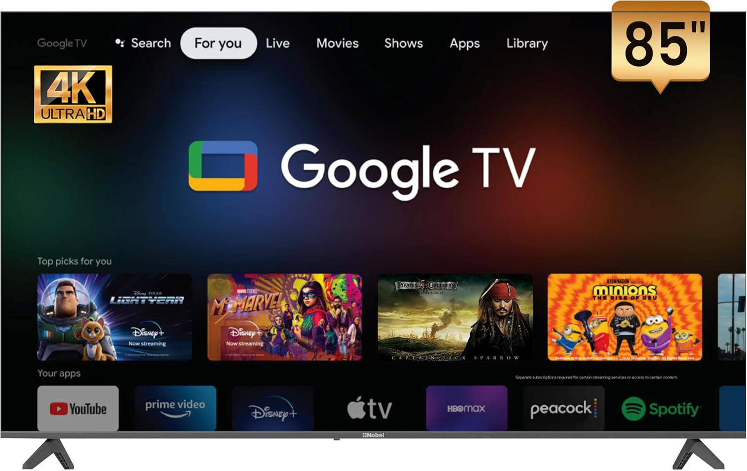 Nobel 85-Inch 4K UHD Google TV Smart TV, Dolby Sound & Voice Control, Android 14, Netflix YouTube Prime, Wi-Fi & Bluetooth Connectivity – UHD85G-1