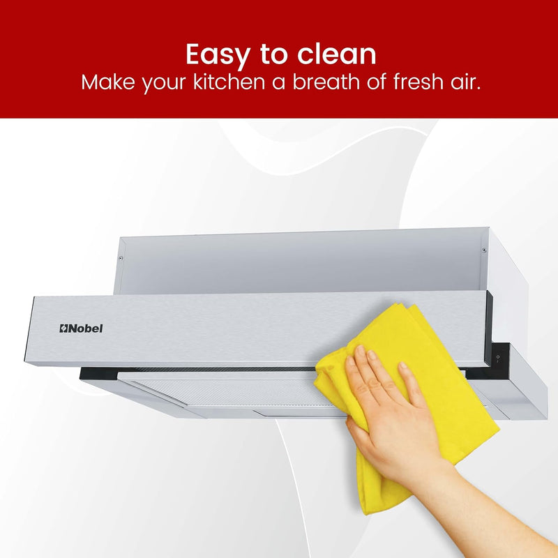 Nobel RANGE HOOD 60cm Built-in Hoods 2 Speed Rocker Switch, 3-Layer Aluminum Filter(2pcs), 2x65W Motor, 440m3/h. with 2pcs Carbon Filter NCHP60ST-7