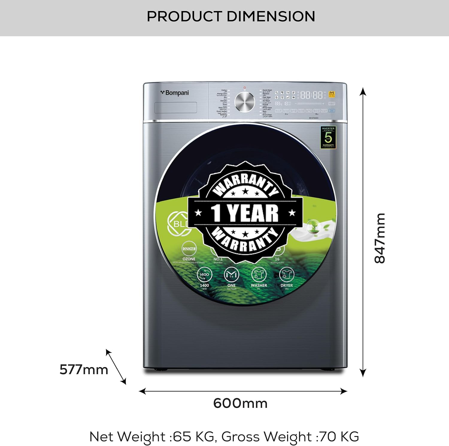 Fully Automatic Front Load Combo Wash & Dry Washing Machine 9 Kg Wash & 6 Kg Dry – BI1070SSN-6