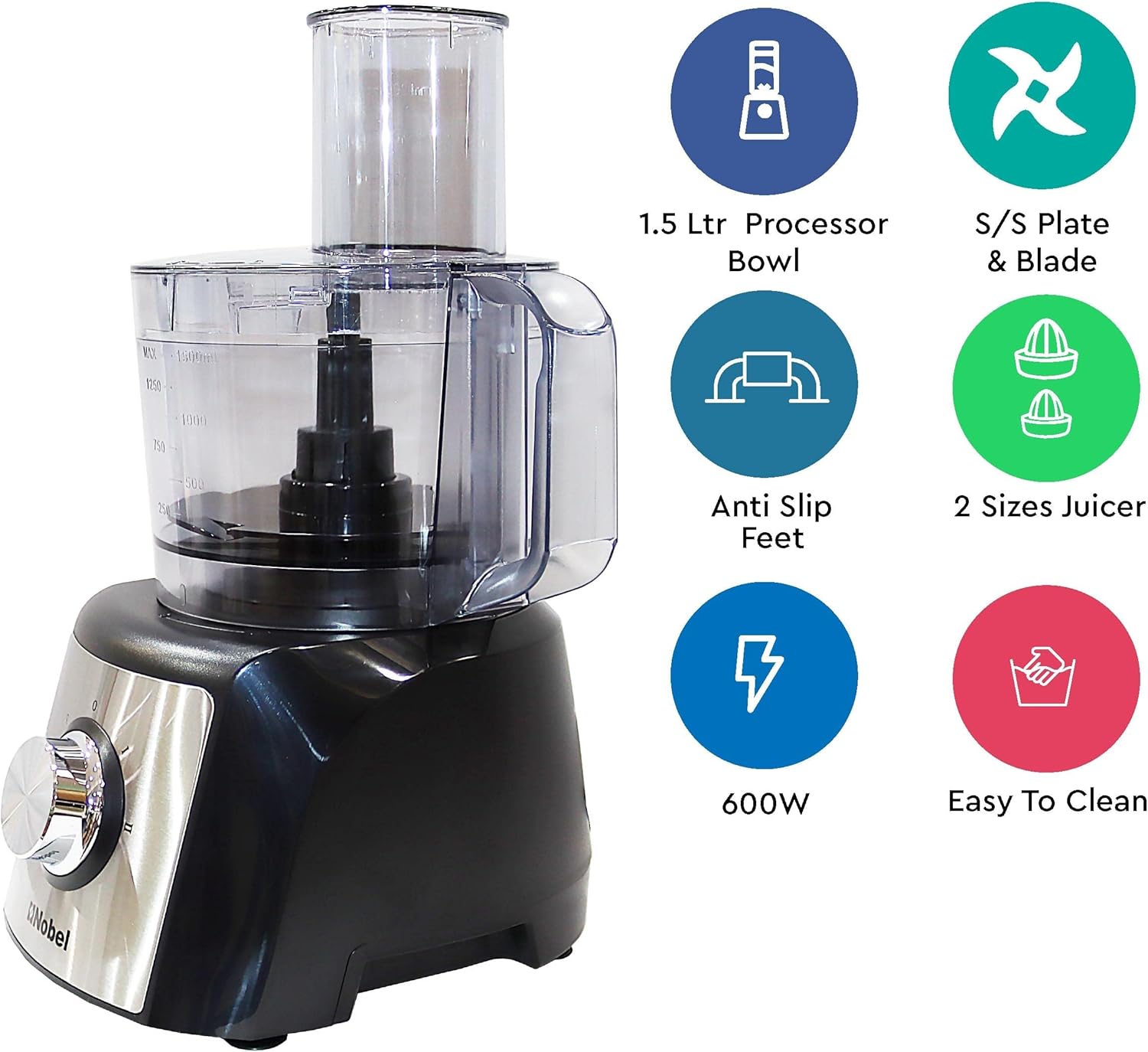 NOBEL 10 in 1 Juicer Food Factory 1.5 Litre 800W 2 Speed - Pulse 3 Cutting Plates Over Heat Protection Anti Slip Feet NFP777E Black with 1 Year Warranty-2