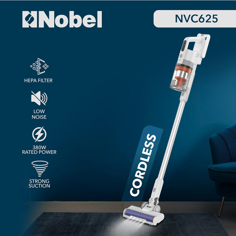 Nobel 2 in 1 Rechargeable Stick Cordless Vacuum Cleaner with 1.20L Max Dust Capacity and 25.9V Lithium Battery, Standard (35min), Max (12min) Speed, Wireless Operation with HEPA Filter NVC625-2