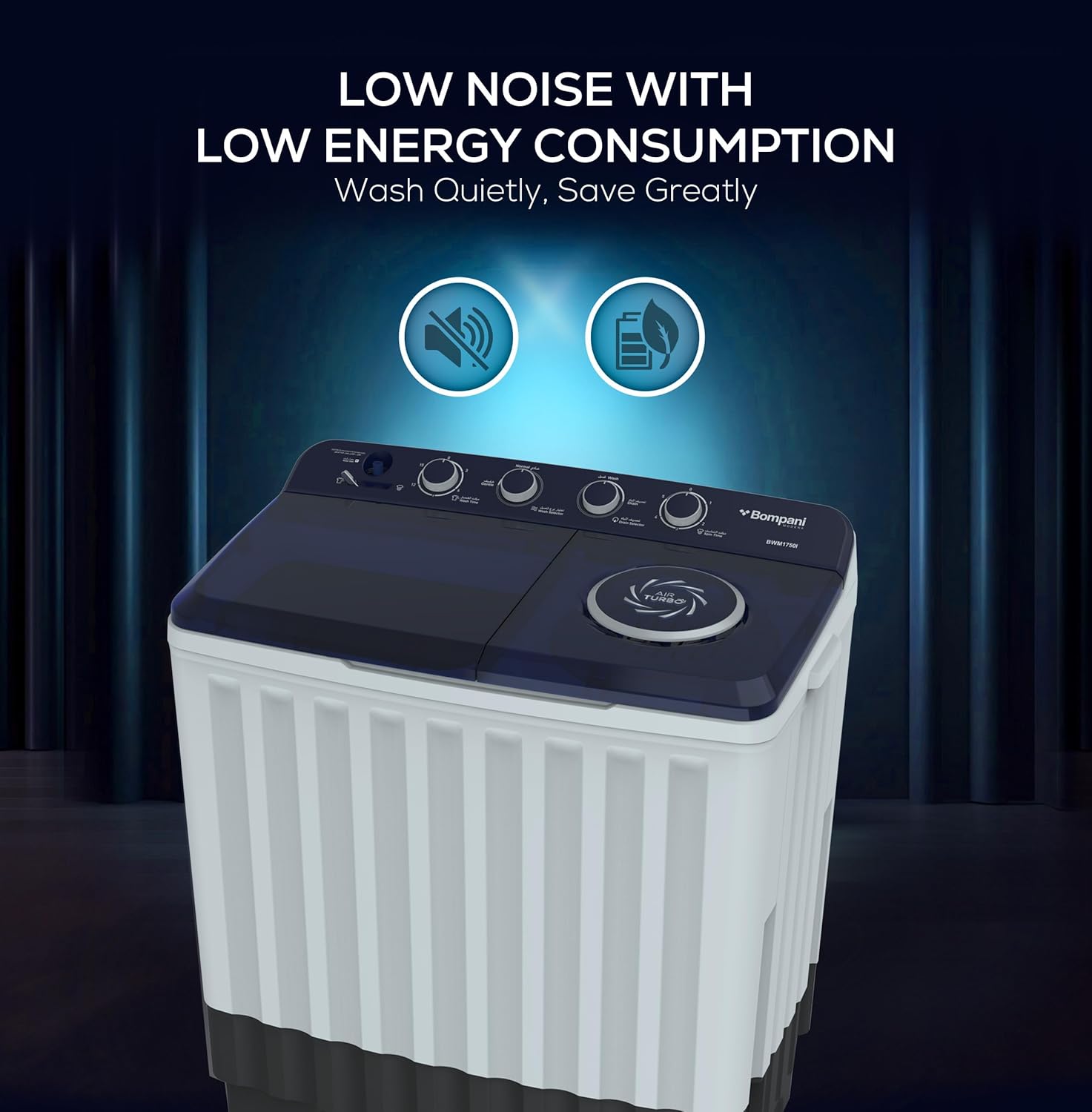 Bompani 17kg Top Load Semi-Automatic Twin Tub Washing Machine – 8kg Spin Capacity, 4 Knob Controls, Lint Filter, Transparent Lid - BWM1750I-4