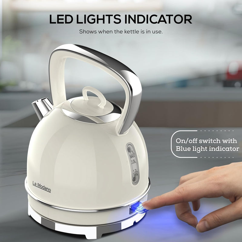 La Modano Retro Style Electric Kettle, 1.7L Capacity, Stainless Steel Housing, Water Window, Dry Boil Protection, Cordless Serving Base, Strix Controller, Blue Light On/Off Switch 2200W - LMEK17EX-5
