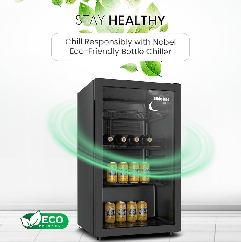 NOBEL BOTTLE CHILLER Black 132 LTR Glass Door METAL SHELF WITH WOOD FRONTAL FRAME NBC140RH-8