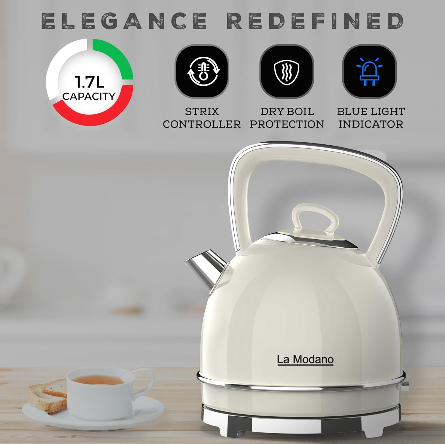 La Modano Retro Style Electric Kettle, 1.7L Capacity, Stainless Steel Housing, Water Window, Dry Boil Protection, Cordless Serving Base, Strix Controller, Blue Light On/Off Switch 2200W - LMEK17EX-2