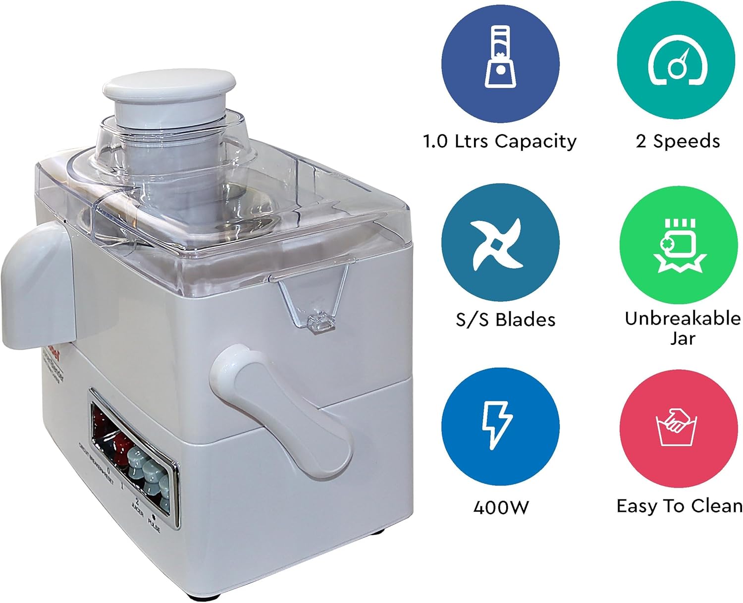 Nobel 4 in 1 Juicer and Food Factory with 1 Litre Capacity and has Spinner Chopper & Dry Mill 400W 2 Speed - Pulse Grinder, Chopper, Blender, Juicer, Unbreakable Jar & Anti Slip Feet NJ176G4 White-9