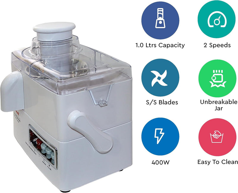 Nobel 4 in 1 Juicer and Food Factory with 1 Litre Capacity and has Spinner Chopper & Dry Mill 400W 2 Speed - Pulse Grinder, Chopper, Blender, Juicer, Unbreakable Jar & Anti Slip Feet NJ176G4 White-9