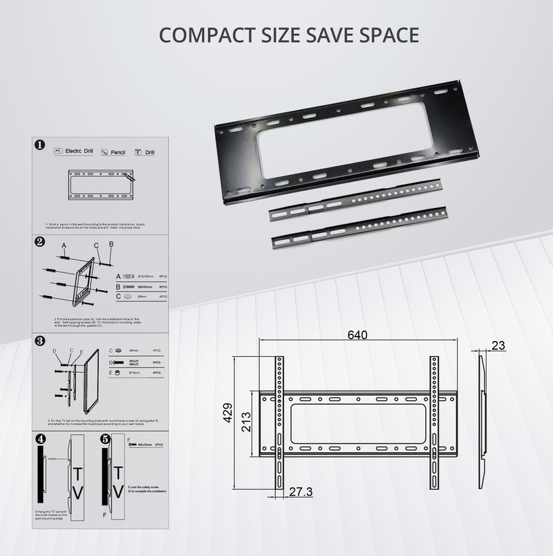 Bracket Pro Fixed TV Mount 32"-75" Fits VESA 200x200mm to 630x410mm, 1.5mm Thickness - Sturdy TV Wall Mount for Medium to Large Screens BPF3275 Black-5