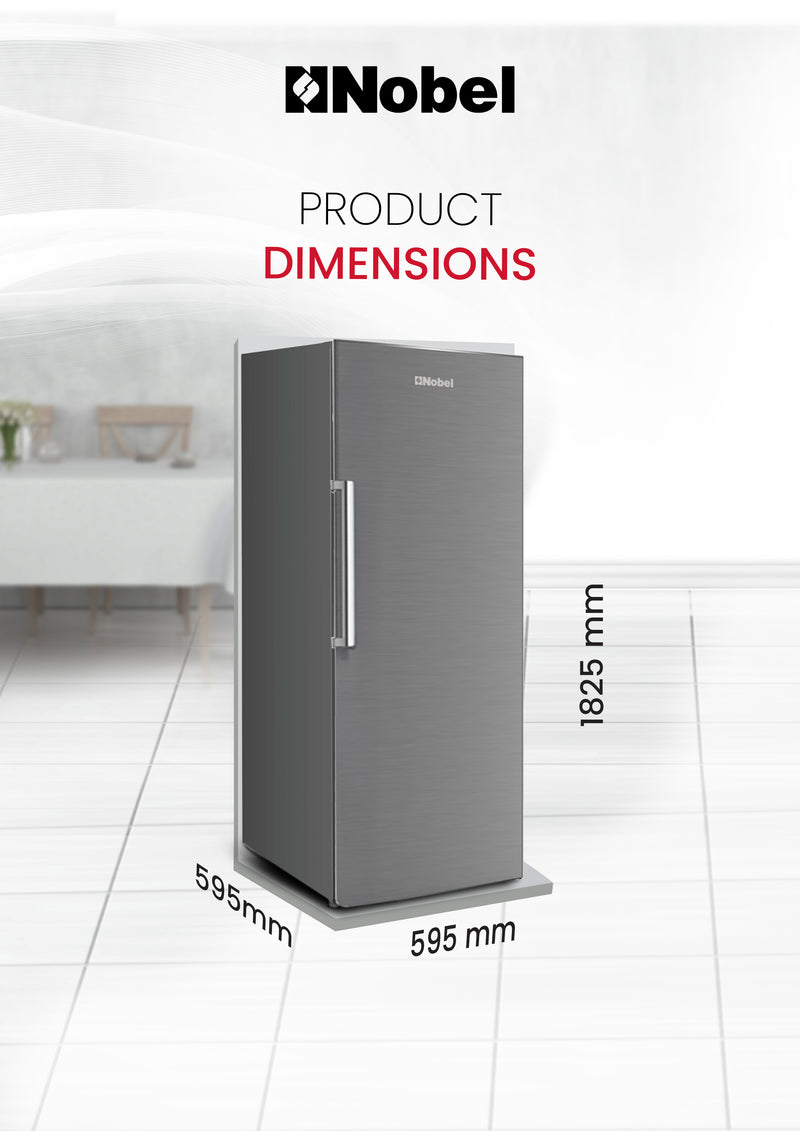 Nobel Single Door Upright Freezer 300 Litres Gross, 235 Litres Net Capcity, Defrost, 7 Drawers, 1 Ice Box, Lock & Key, R600a, 59.6 x 59.5 x 174.4 (W x D x H) cm, Silver, NUF350-7