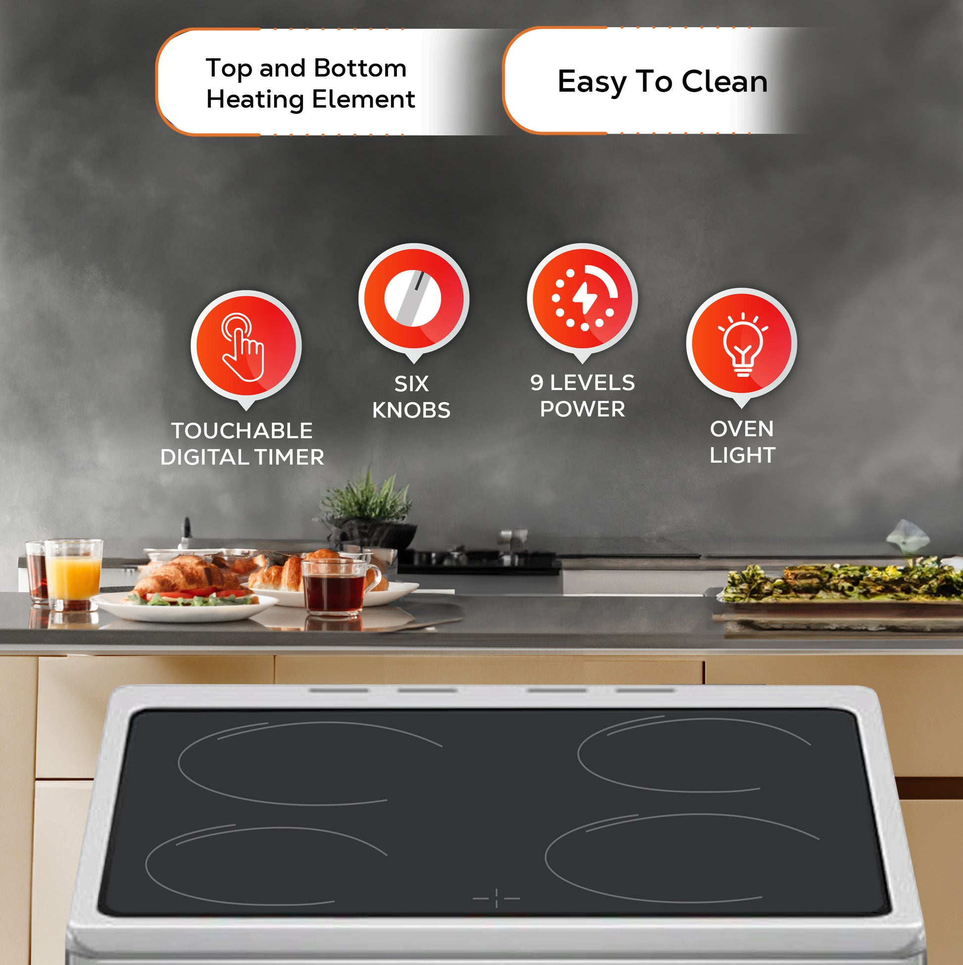 60x60 cm Vitroceramic Electric Cooker, 4 Highlight Ceramic Heaters, Free-Standing Oven, Turbo Fan, Double Glass Door - LMC60VT-7