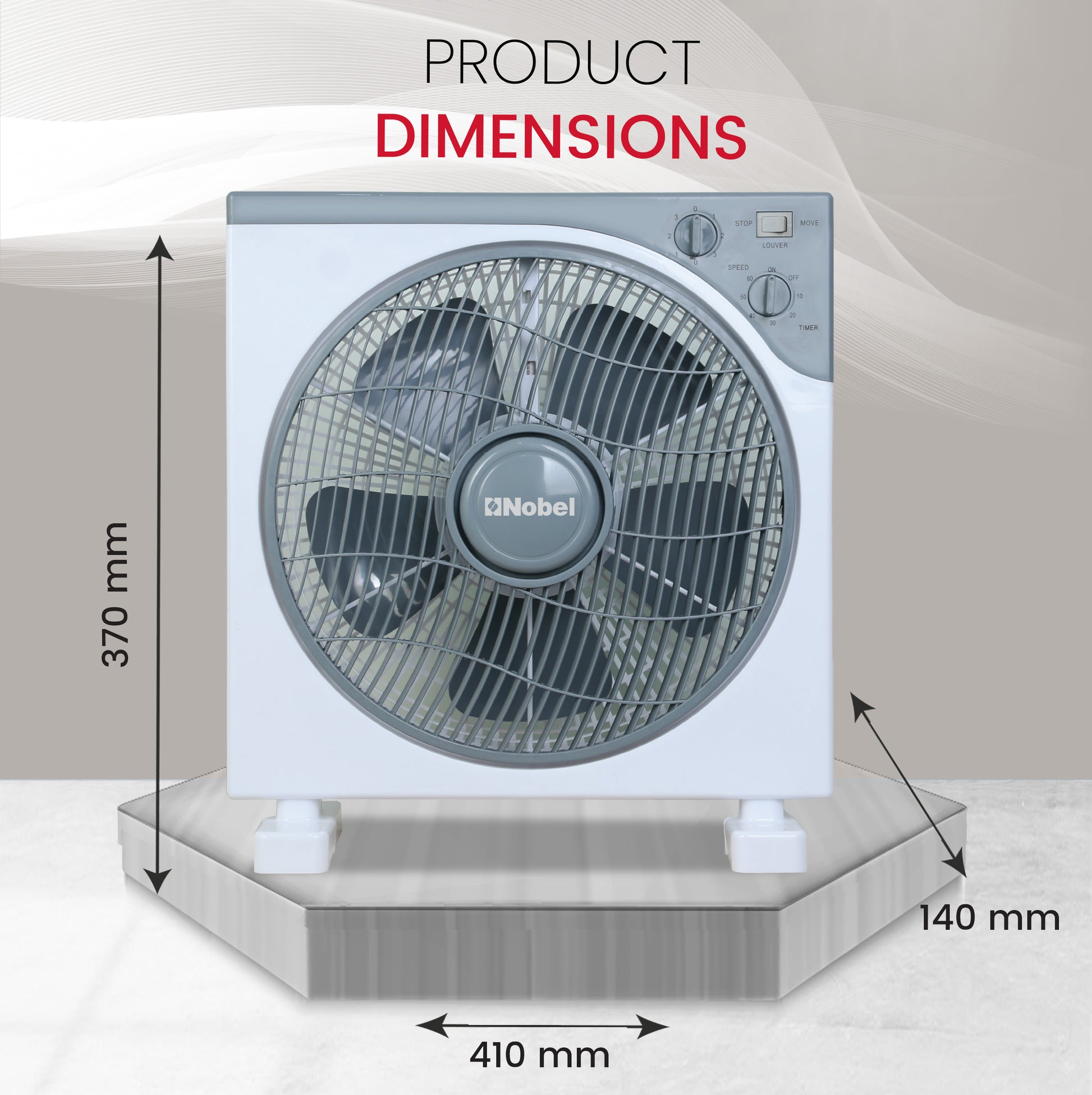 Nobel 12" Blade Box Fan, 3 Speed, Oscillation, Copper Motor, 5 Polypropylene Blade, 60-Minute Timer, Strong Airflow, Quiet Operation, 1200 RPM, 60W NBF12 White-7