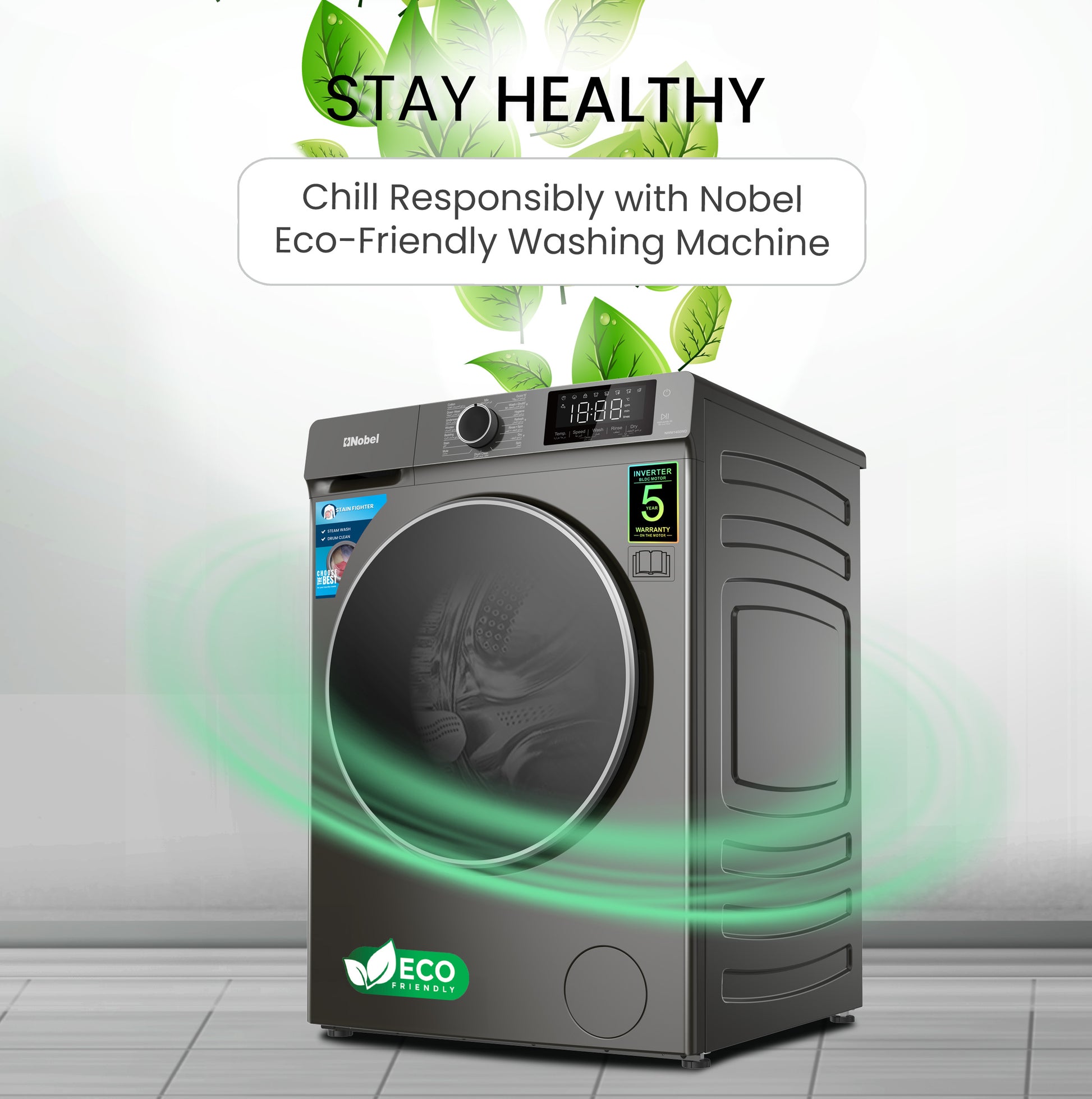 Front Load Washer-Dryer 12 KG Capacity, Dial Touch Control Panel with LED Screen - NWM1400WD-7